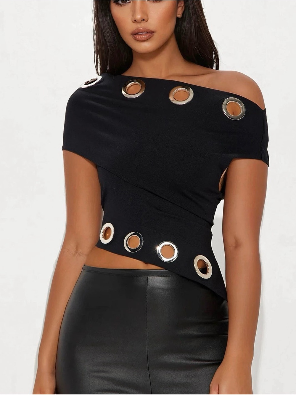 Edge Meets Elegance | Black Grommet Asymmetrical One Shoulder Top | Size Medium